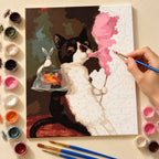 Complete Tuxedo Cat with Cotton Candy and Goldfish numbered canvas being painted with acrylic paints and brushes.