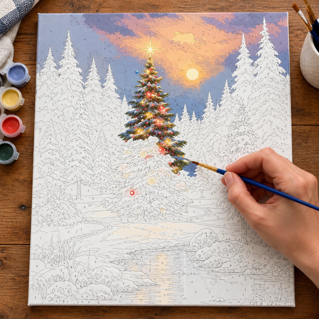 Complete Twilight Christmas Woodland Tree numbered canvas being painted with acrylic paints and brushes