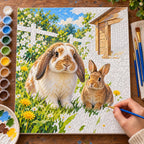 Painting process for Two Rabbits by a Garden Hutch paint by numbers kit