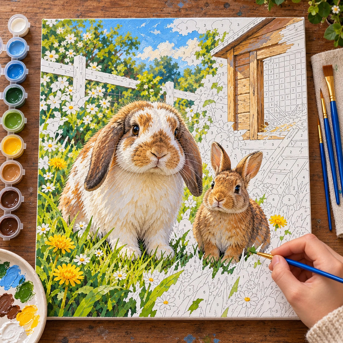 Painting process for Two Rabbits by a Garden Hutch paint by numbers kit