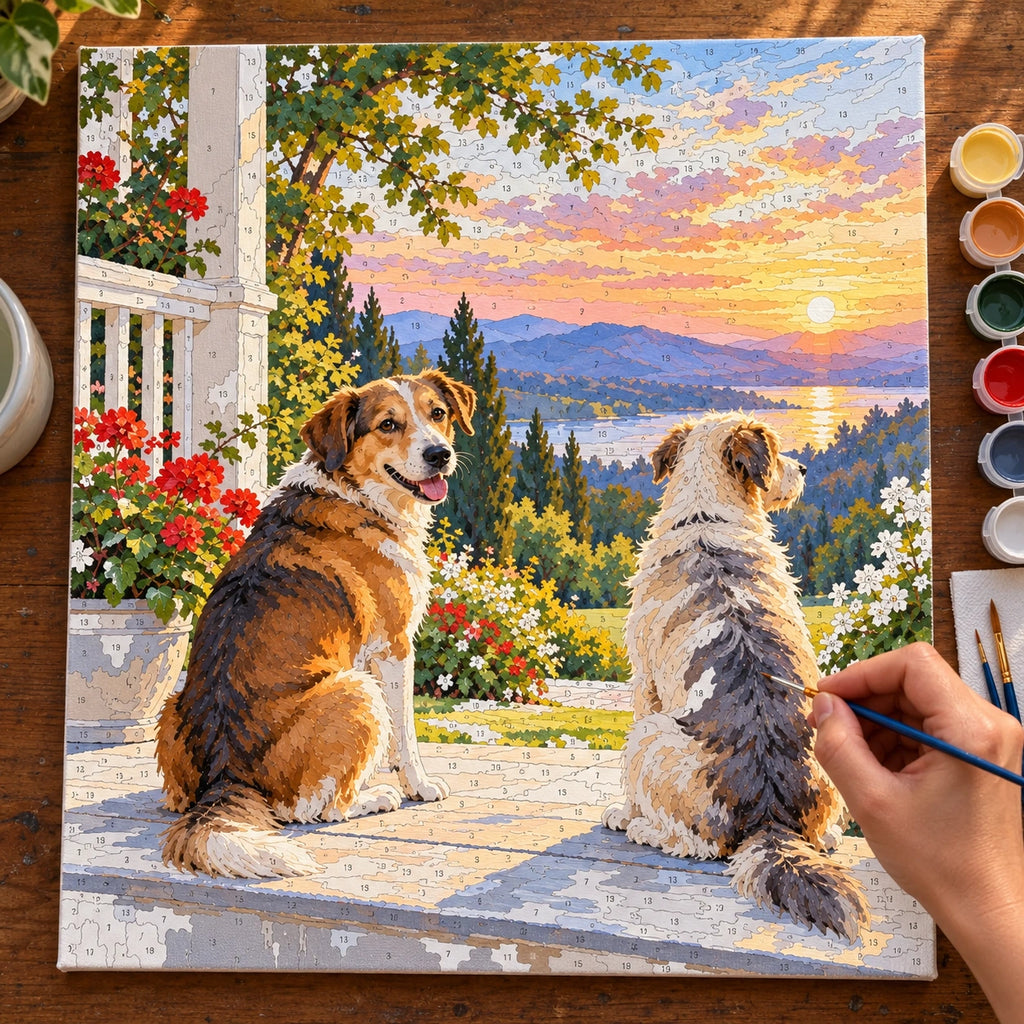 Painting process for Two Shelter Dogs on a Porch paint by numbers kit