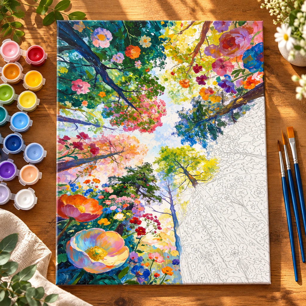 Upward View of Blossom Garden numbered canvas being painted with acrylic paints and brushes