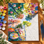 Upward View of Blossom Garden numbered canvas being painted with acrylic paints and brushes