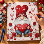 Complete Valentine Gnome Heart numbered canvas being painted with acrylic paints and brushes