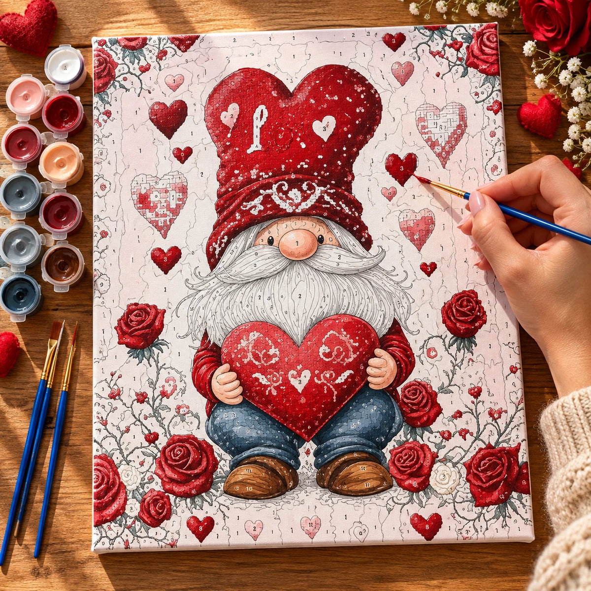 Complete Valentine Gnome Heart numbered canvas being painted with acrylic paints and brushes