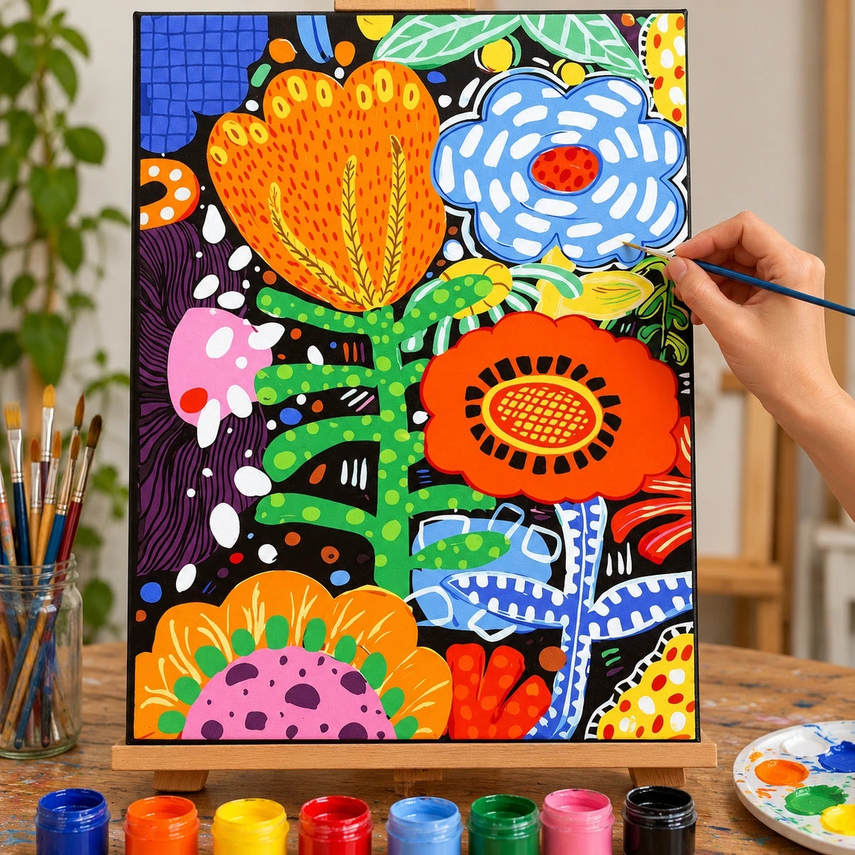 Complete Vibrant Tropical Floral Blooms numbered canvas being painted with acrylic paints and brushes