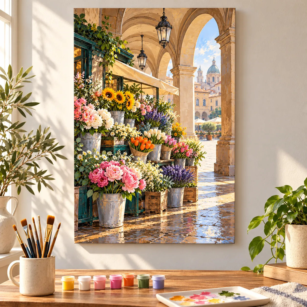 Painting process example for the vienna florist market morning paint by numbers design.