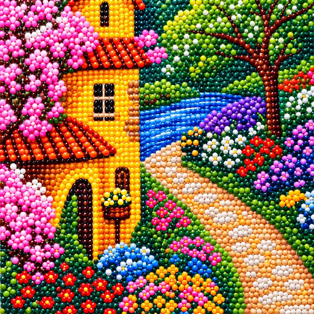 Close-up of sparkling drills in the village lane pink blossoms diamond painting