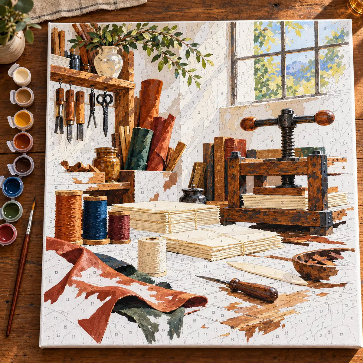 `04-vintage-bookbinding-workshop-hand-press-painting-process.webp` — Complete numbered bookbinding workshop canvas in progress with visible edges, paints, and brushes.