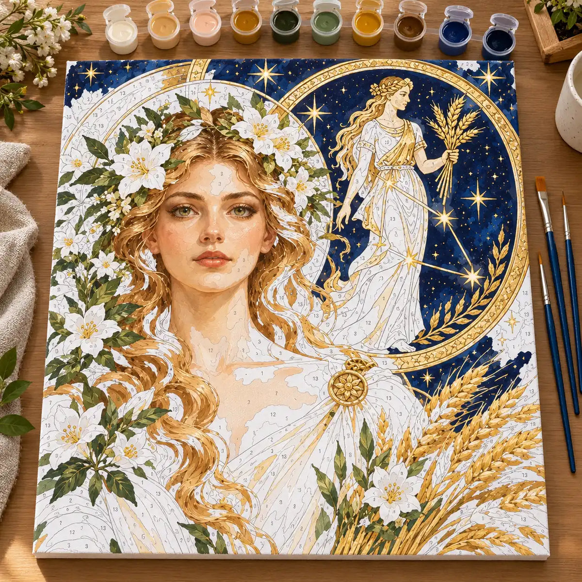 Painting process scene for the Virgo Botanical Keeper Wheat kit, with the complete numbered canvas and painting tools.