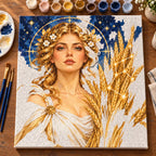 Painting process scene for the Virgo Harvest Maiden Dawn kit, with the complete numbered canvas and painting tools.