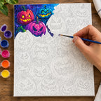 Complete Vivid Jack O Lantern Assembly numbered canvas being painted with acrylic paints and brushes
