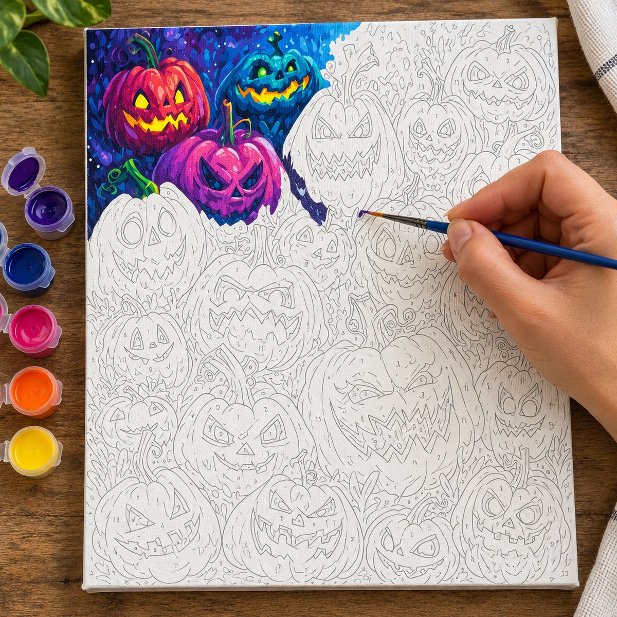 Complete Vivid Jack O Lantern Assembly numbered canvas being painted with acrylic paints and brushes