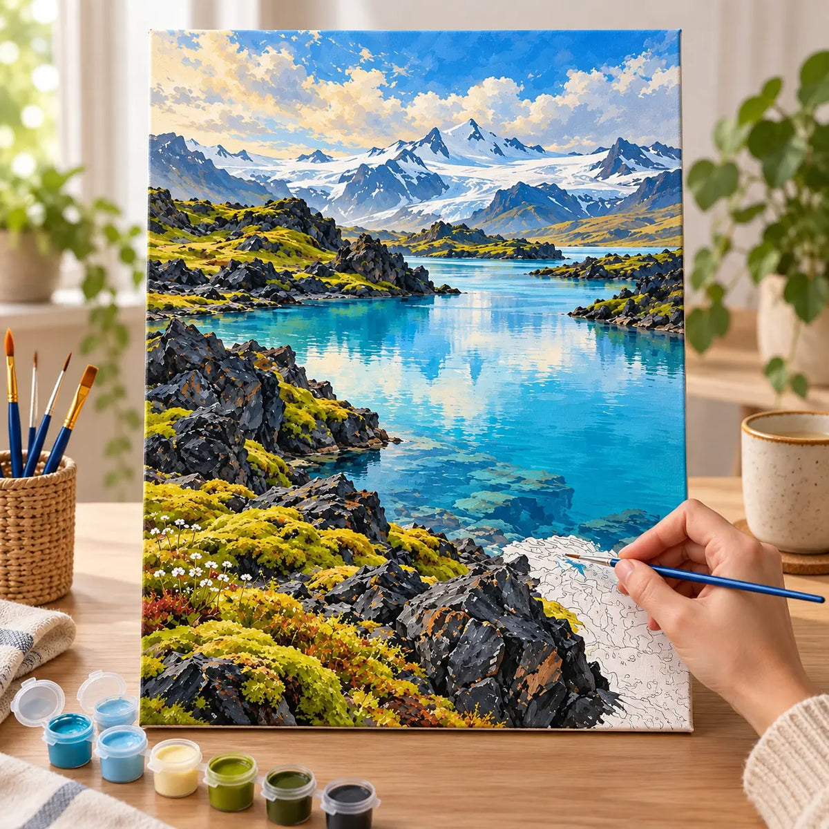 Complete Volcanic Lava Field Blue Lake numbered canvas being painted with acrylic paints and brushes