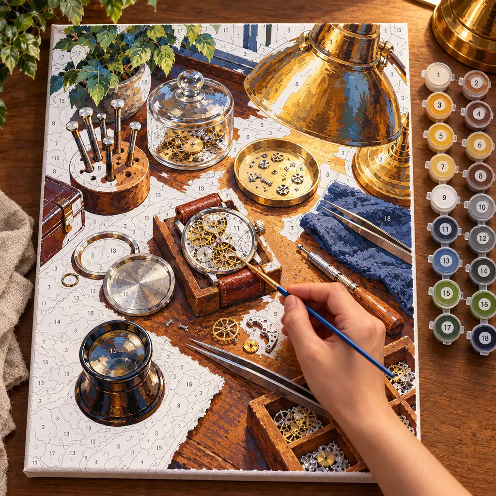 `04-watchmaker-workbench-window-painting-process.webp` — Painting process scene for the Watchmaker Workbench Window kit, with the complete numbered canvas and painting tools.