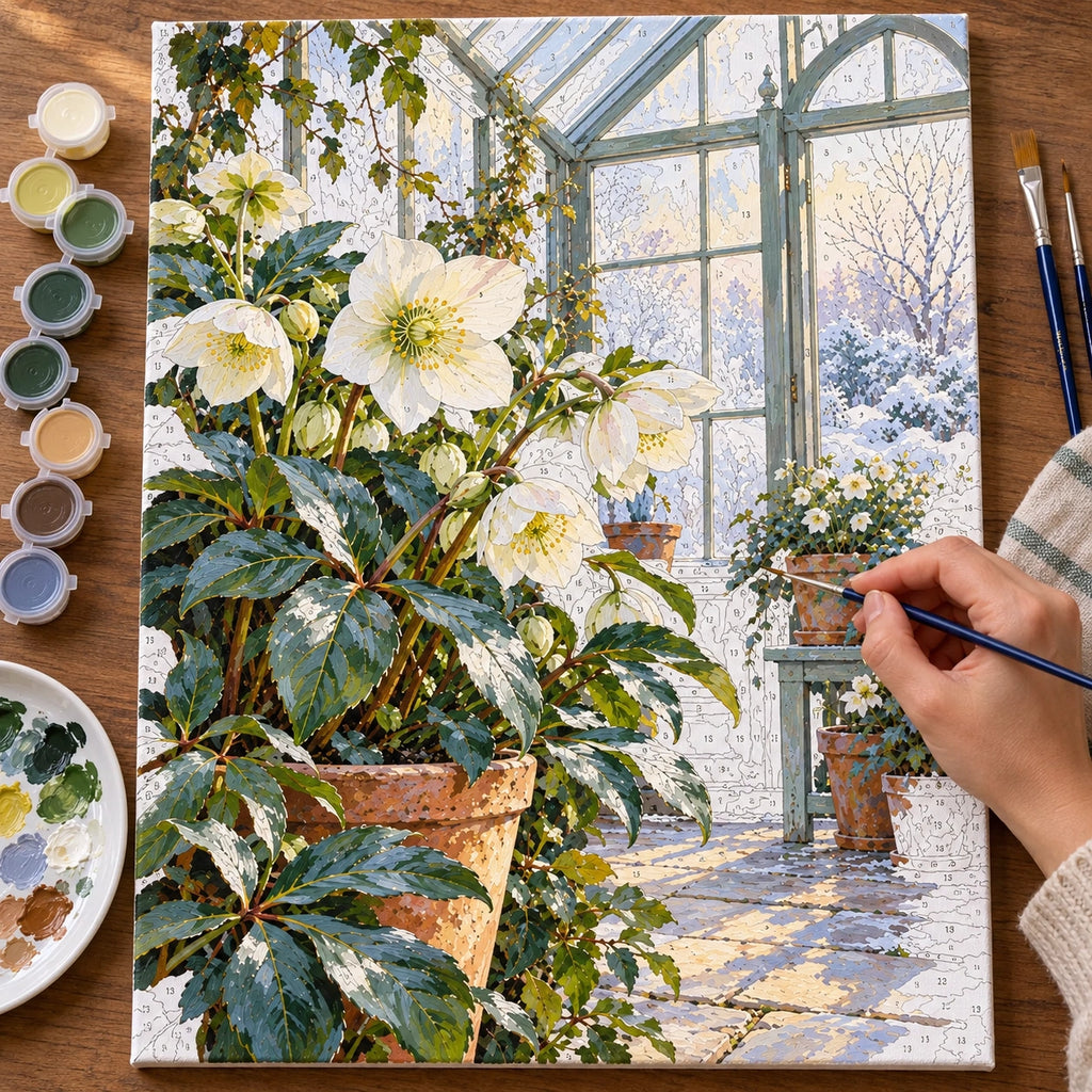 Complete White Hellebore Greenhouse numbered canvas being painted with acrylic paints and brushes.