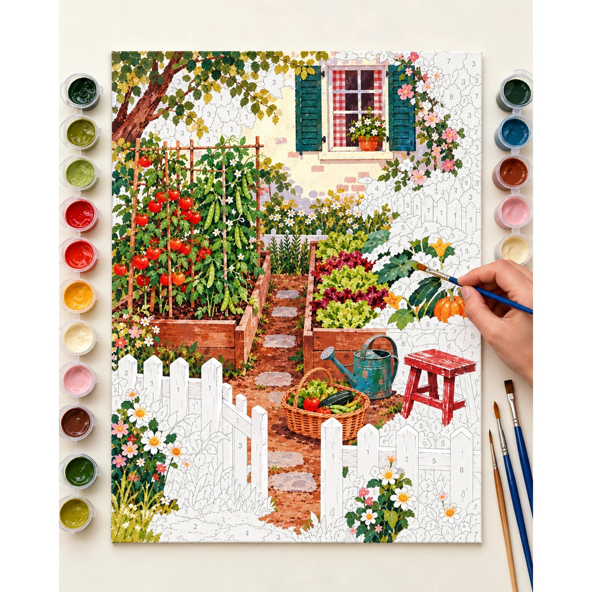 White Picket Cottage Vegetable Garden numbered canvas being painted with acrylic paints and brushes.