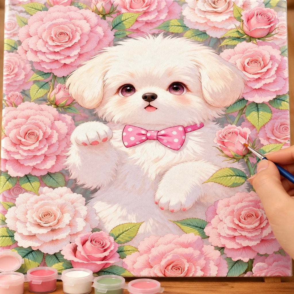 Complete White Poodle Pink Rose Garden numbered canvas being painted with acrylic paints and brushes