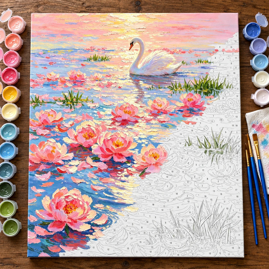 White Swan on Pastel Lotus Pond numbered canvas being painted with acrylic paints and brushes