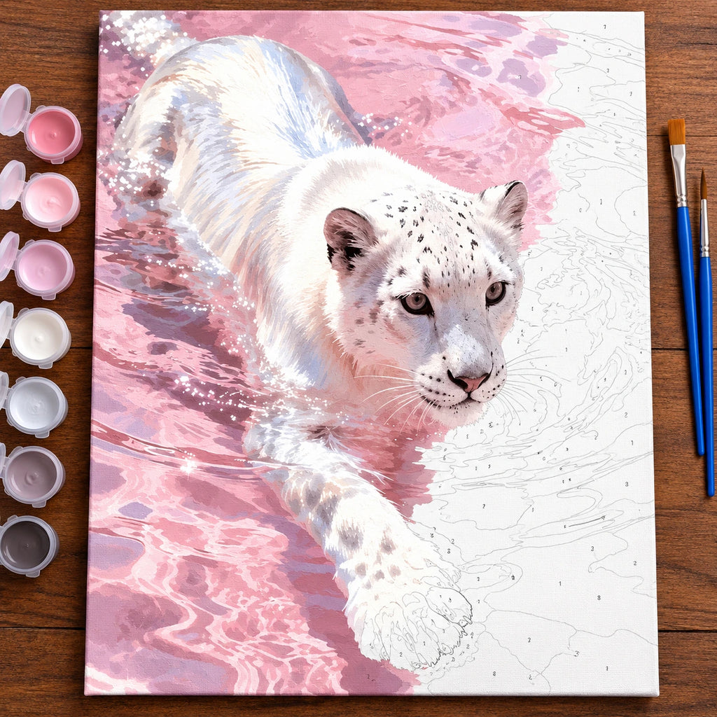 White Tiger in Pink Water numbered canvas being painted with acrylic paints and brushes