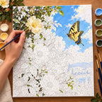 Numbered wild rose and butterfly canvas being painted with acrylic colors.