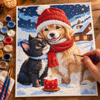 Complete Winter Companions by Candlelight numbered canvas being painted with acrylic paints and brushes