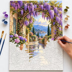 Complete Wisteria Arch After Rain numbered canvas being painted with acrylic paints and brushes