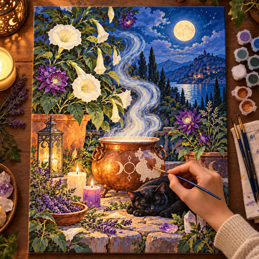 Painting process scene for the Witch Cauldron with Black Cat in Moon Garden kit, showing its complete numbered canvas and painting tools.