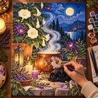 Painting process scene for the Witch Cauldron with Black Cat in Moon Garden kit, showing its complete numbered canvas and painting tools.