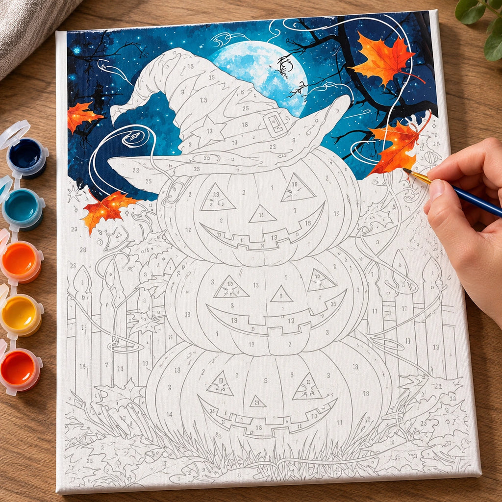 Complete Witching Hour Pumpkins numbered canvas being painted with acrylic paints and brushes