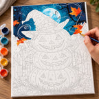 Complete Witching Hour Pumpkins numbered canvas being painted with acrylic paints and brushes