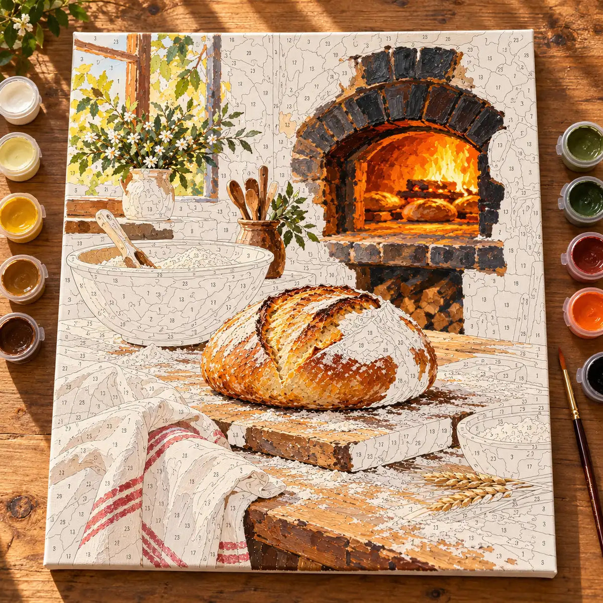 `04-wood-fired-oven-sourdough-bread-painting-process.webp` — Complete numbered rustic bakery canvas in progress with visible edges, acrylic paints, and a brush.