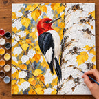 Painting process for Woodpecker on a Birch Trunk paint by numbers kit