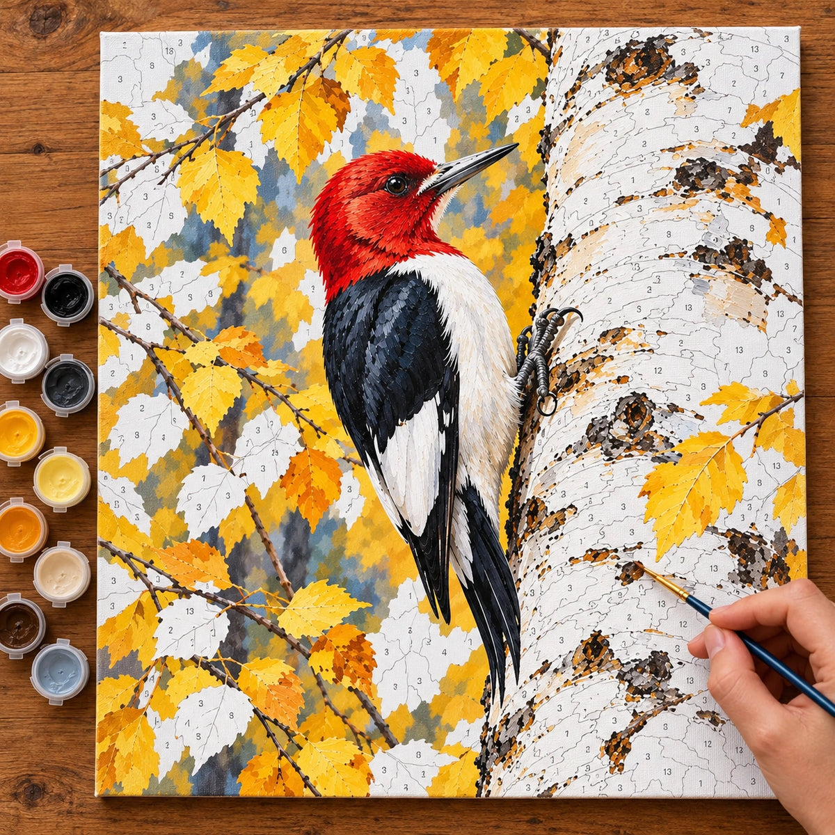Painting process for Woodpecker on a Birch Trunk paint by numbers kit