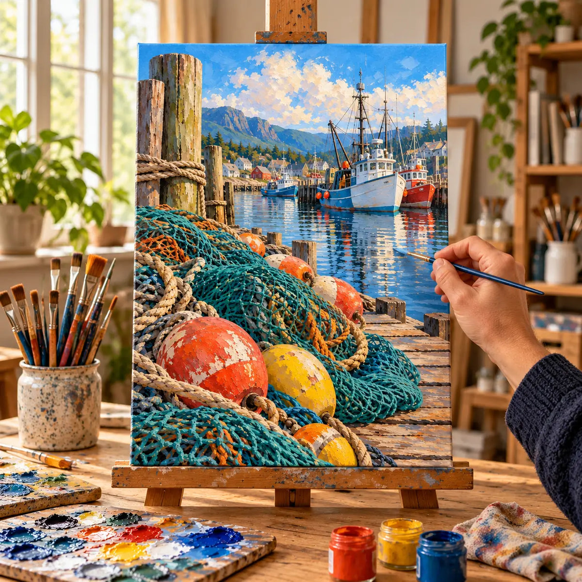Painting process example for the working harbor net mending paint by numbers design.