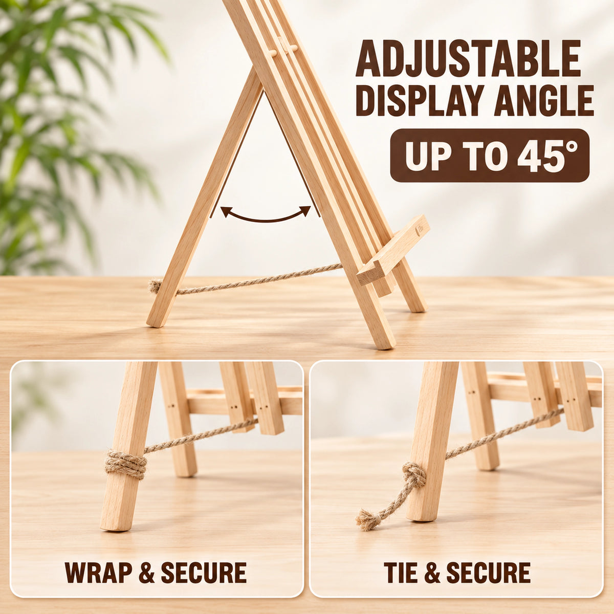 Adjustable display angle and rope securing guide