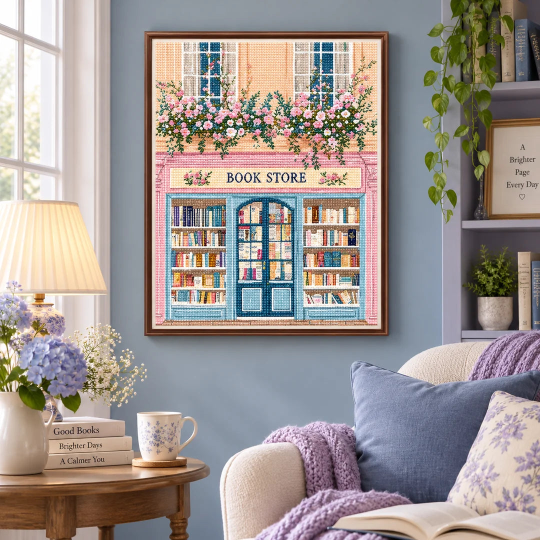 Framed floral bookshop diamond painting displayed in a cozy reading room