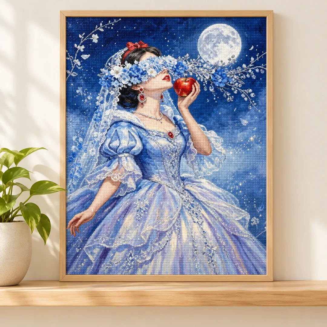 Blue moon floral bride diamond painting displayed as home decor