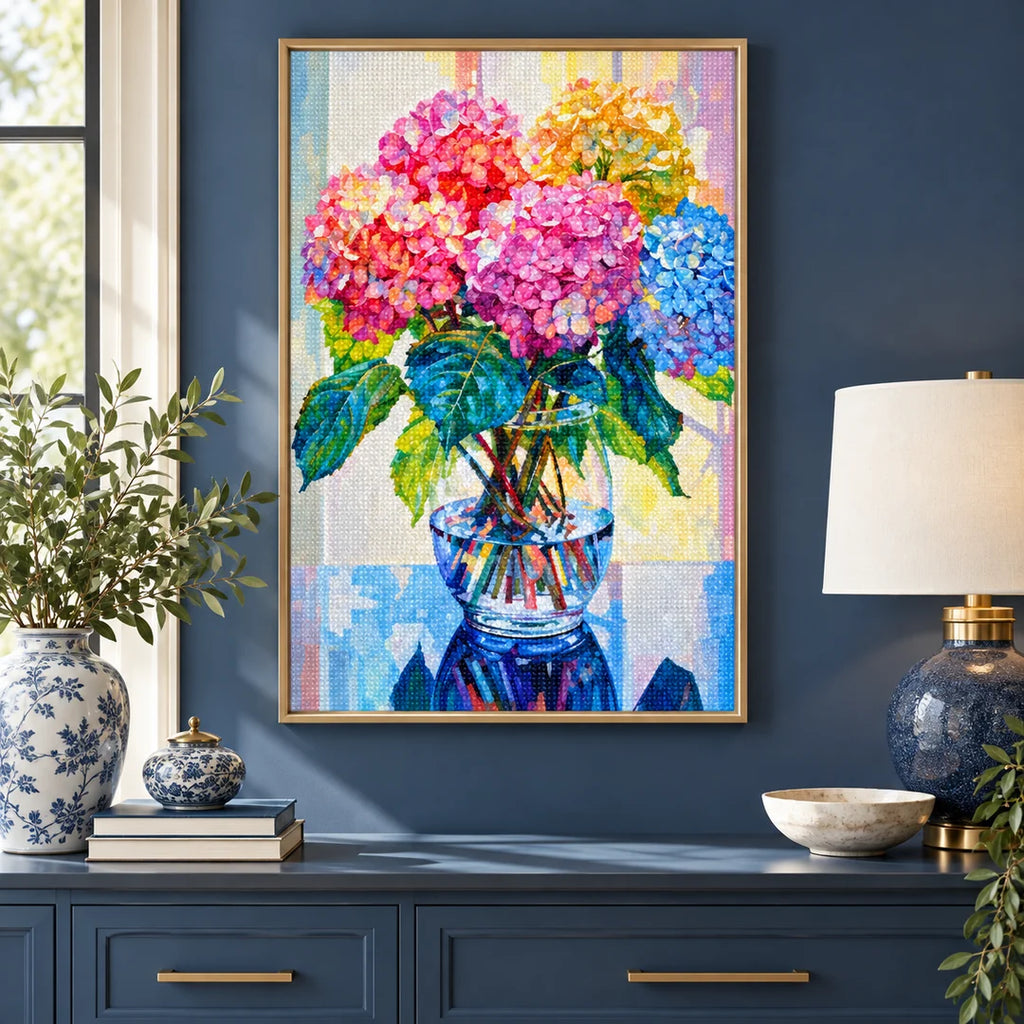 Pastel hydrangea diamond painting displayed in a home