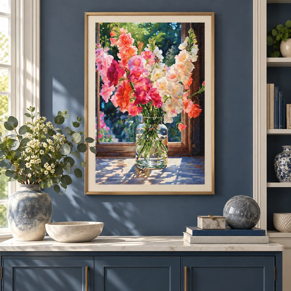 Colorful rose and tulip diamond painting displayed in a home