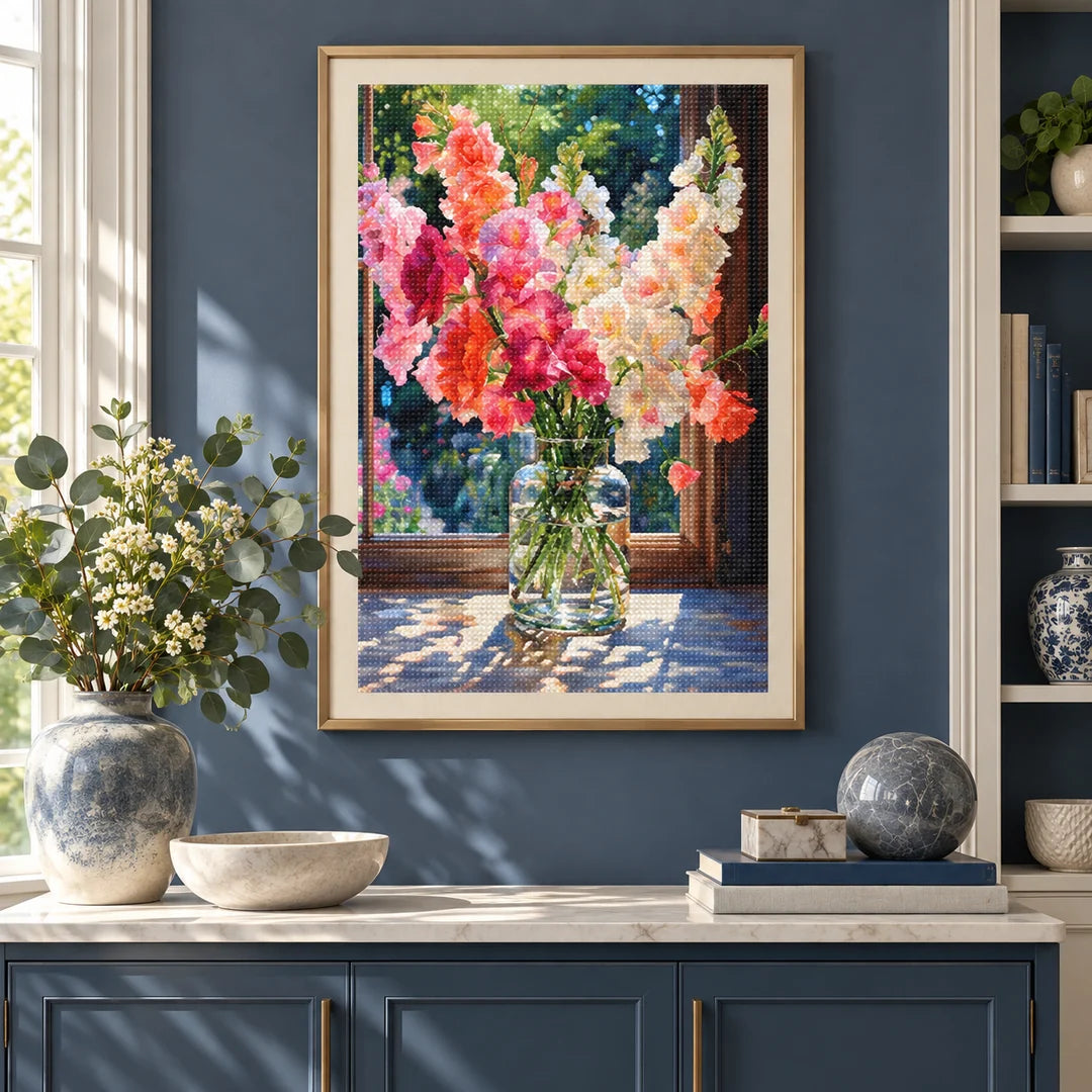 Colorful rose and tulip diamond painting displayed in a home