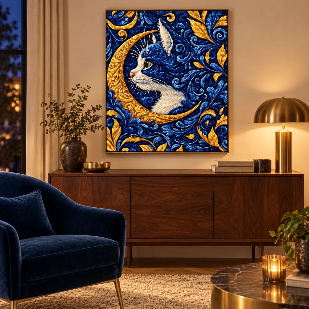 Celestial Moon Cat portrait diamond painting displayed in a coordinated room