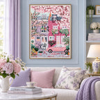 Cherry blossom street diamond painting displayed in a pastel living room