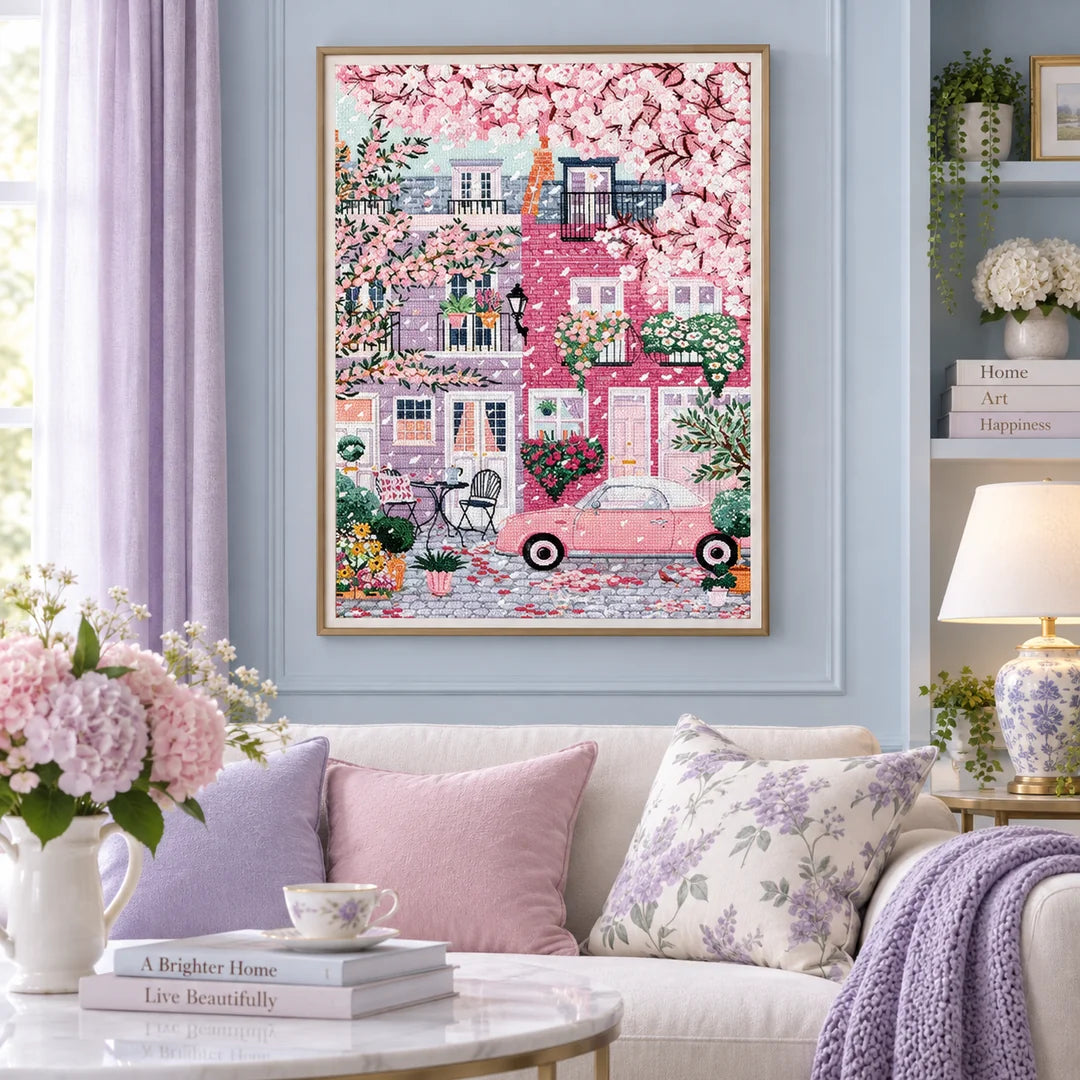 Cherry blossom street diamond painting displayed in a pastel living room