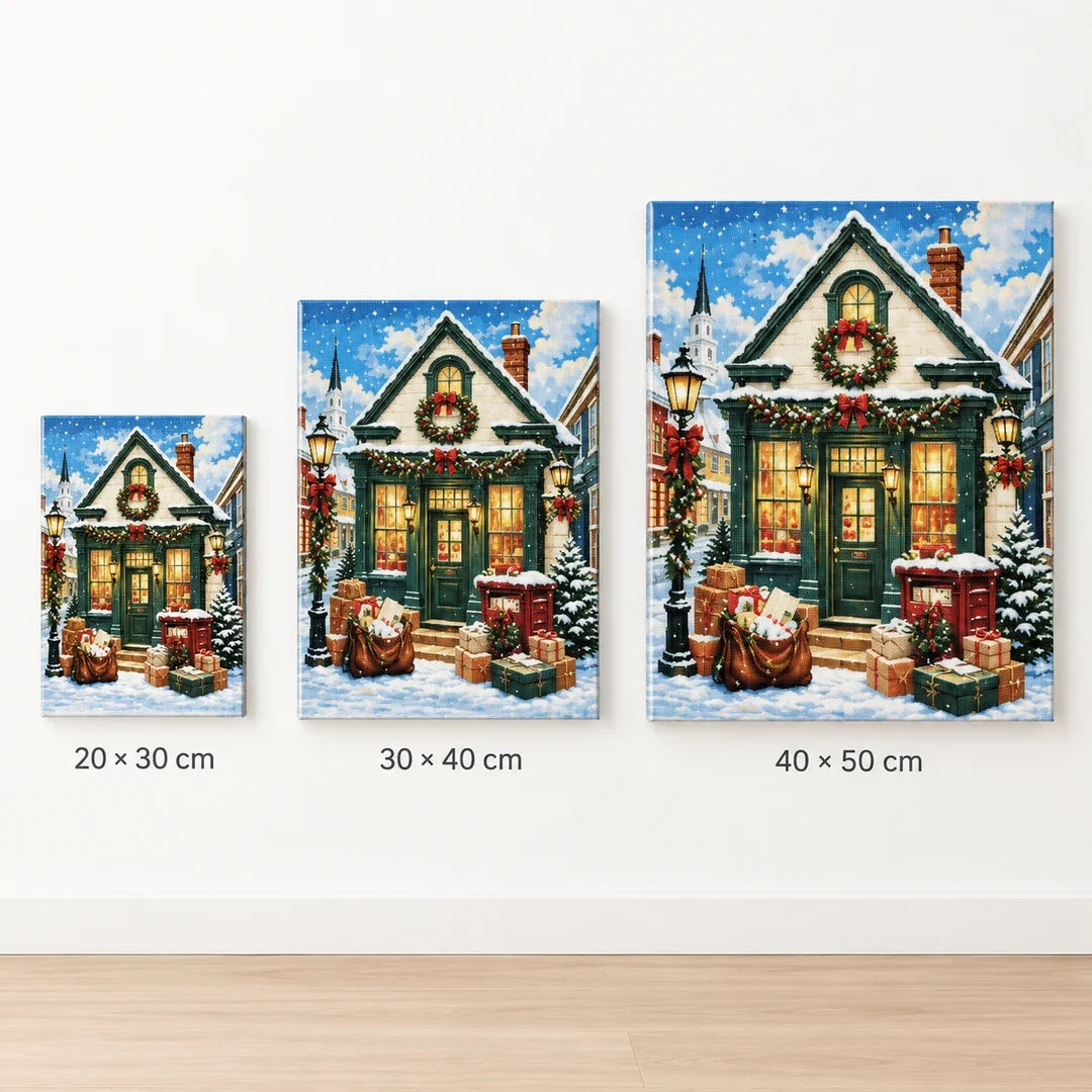 Cozy Christmas Cottage portrait diamond painting displayed in a coordinated room