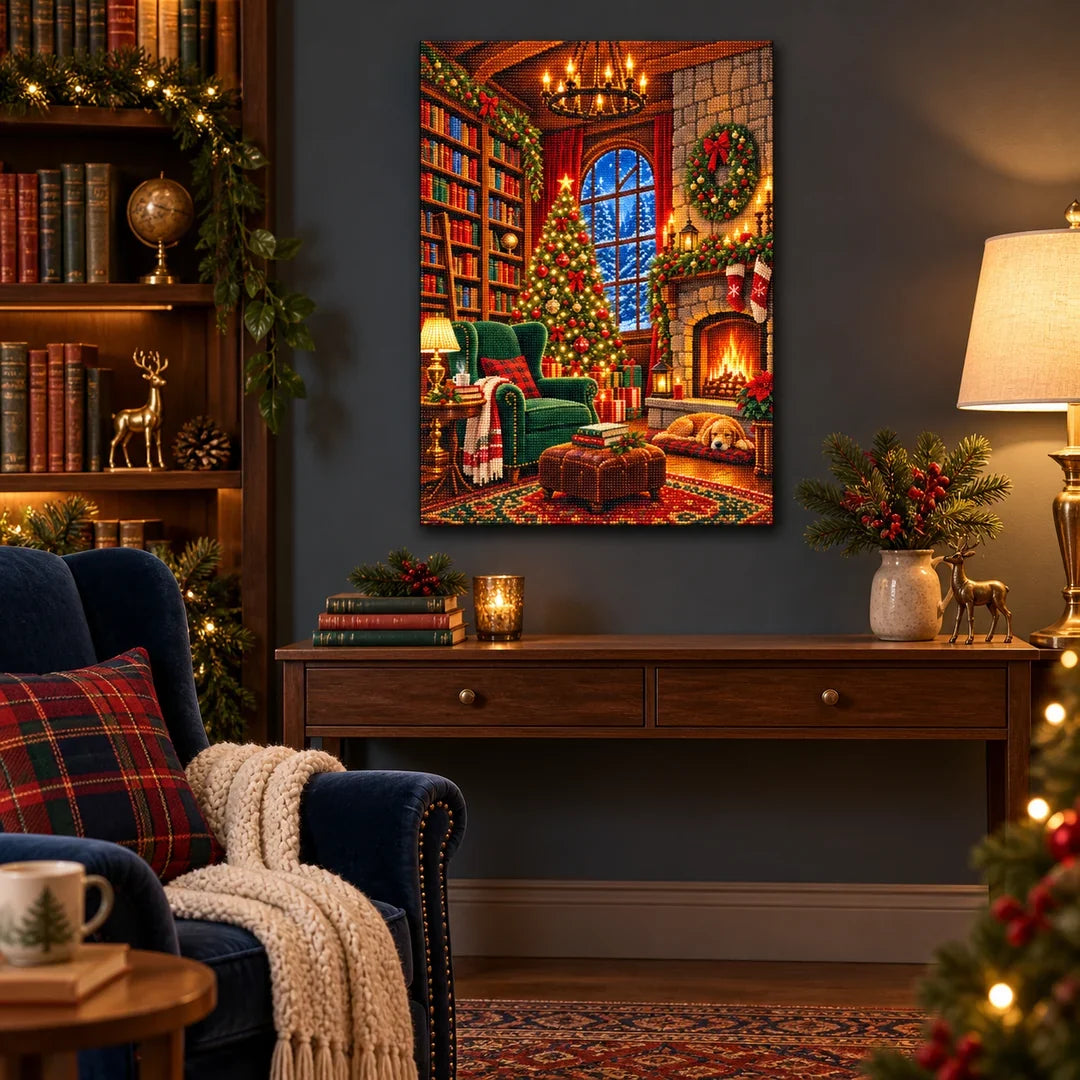 Cozy Christmas Library portrait diamond painting displayed in a reading room