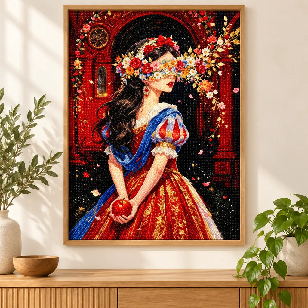 Crimson castle rose bride diamond painting displayed as home decor