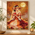 Golden moon floral bride diamond painting displayed as home decor
