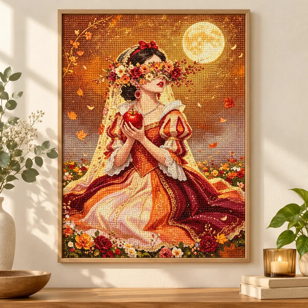 Golden moon floral bride diamond painting displayed as home decor