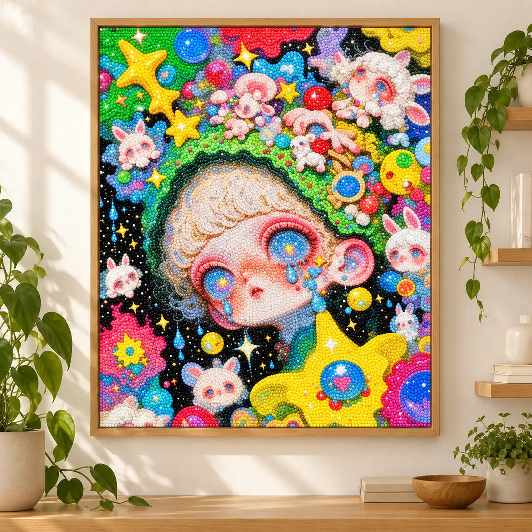 The green bunny cosmos girl diamond painting displayed as framed wall decor in a home setting